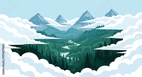 Elevated view of a serene mountain valley, winding river, and lush evergreen forests framed by ethereal clouds