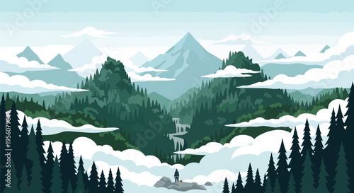 A lone figure surveys a vast stylized mountain landscape where majestic peaks pierce swirling clouds flanked by dense evergreen forests and a