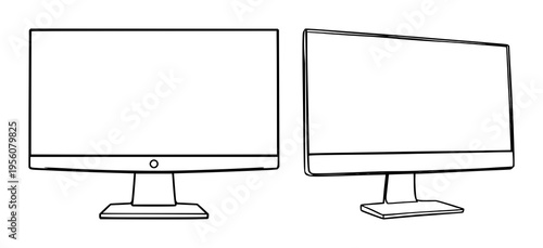 Desktop monitor set with sleek curved profile featuring black and silver, modern, office design, flat screen, HD display with technology and graphics