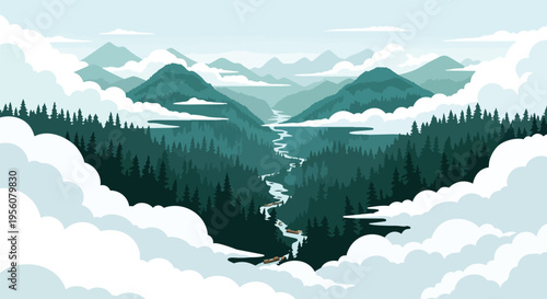 Peaceful illustrative landscape showcasing winding river through a dense evergreen forest valley, flanked by majestic layered mountains and soft,
