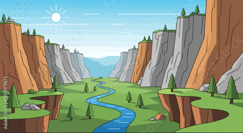 Vibrant cartoon valley landscape with winding river, majestic cliffs, and scattered trees bathed in sunlight