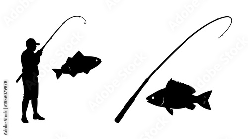 Fishing rod and fish silhouette set with simple line art design featuring simple design, minimalist, black and white with illustrations and graphics