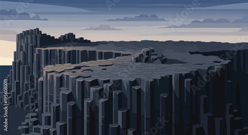 Stylized depiction of impressive dark columnar rock formations under a vast, dramatic sky.