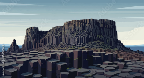 A captivating illustration of an ancient landform, showcasing magnificent hexagonal basalt columns against a serene sky, revealing geological