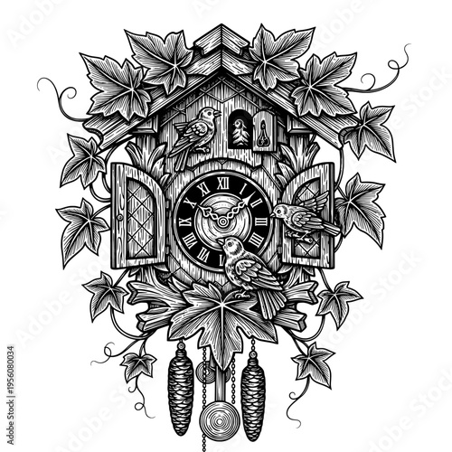 Intricately Detailed Traditional Black Forest Cuckoo Clock Vector Illustration with Birds, Leaves, and Pinecones