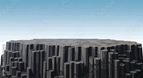 An intricate digital depiction of a vast, ancient landscape featuring striking hexagonal basalt column formations rising dramatically beneath a