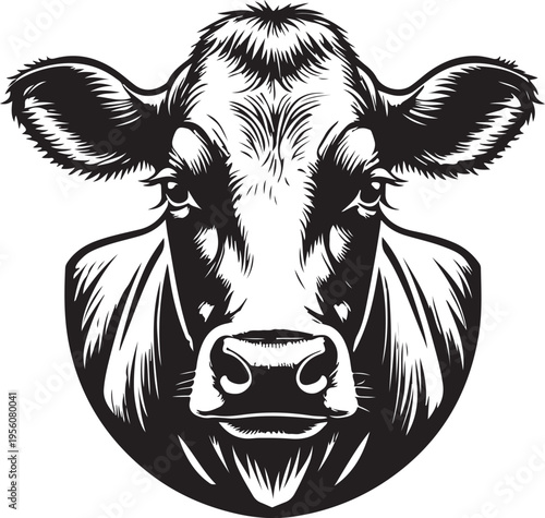 A high contrast black and white graphic illustration of a majestic cow head facing the viewer
