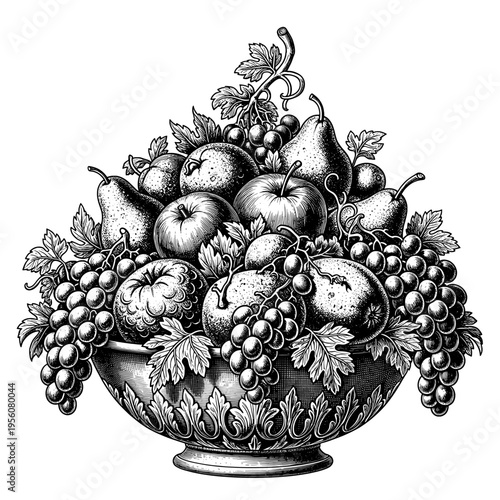 Classic Vintage Engraving Depicting a Rich Harvest of Various Fruits Overflowing from a Decorative Ornate Bowl