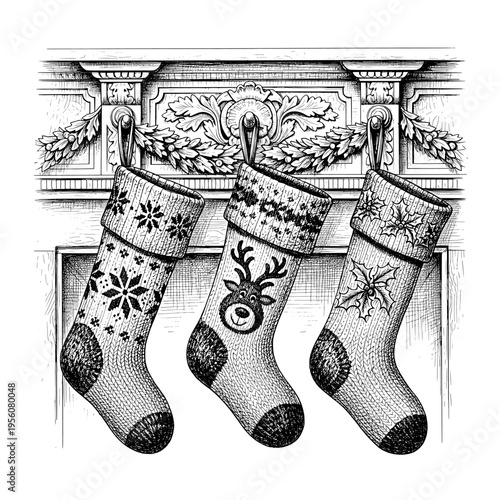Detailed Hand-Drawn Engraving of Three Festive Christmas Stockings Hanging from an Ornate Fireplace Mantel