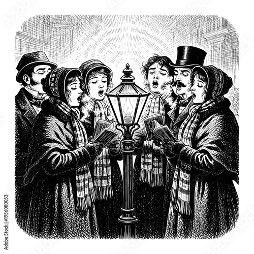 A Classic Black and White Engraving of Victorian Christmas Carolers Singing by a Gas Lamp