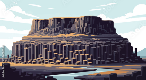 Striking basalt columns rise majestically by a serene river, beneath a wide sky