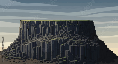 A dramatic stylized rendering of a colossal basalt column formation rising majestically under a subtly textured sky, showcasing nature's