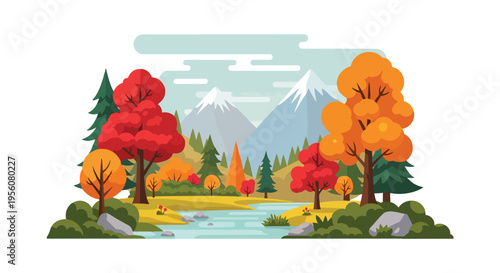 Vibrant autumnal mountain landscape with a flowing river and colorful trees