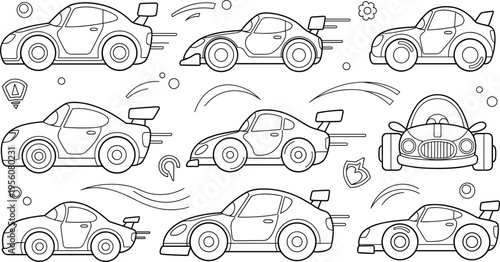 Sports Car Outline Illustration Set with Modern Supercar Vehicles Front Side and Perspective Views for Automotive Design and Transportation Vector Collection