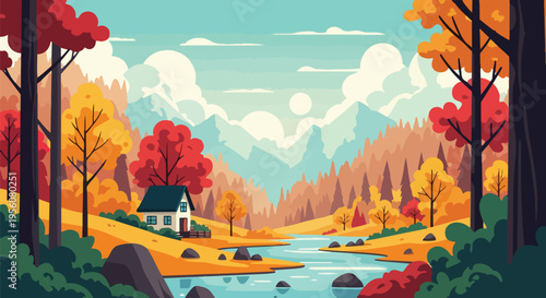 Vibrant autumnal forest scene with cozy cottage, winding river, and distant mountains under a tranquil sky