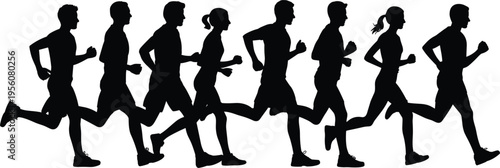 Athletic people running silhouette vector set featuring men and women jogging for marathon training fitness and healthy lifestyle.