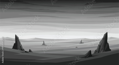 An alien monochromatic landscape unfolds with towering, sharp rock formations dominating a vast, desolate plain beneath an ominous, heavy sky,