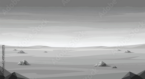 Monochromatic vast extraterrestrial landscape with scattered geometric rocks under an expansive, cloudy sky, conveying desolation and stark beauty