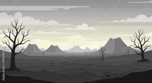 Barren earth beneath a mournful sky, depicting a landscape of environmental despair
