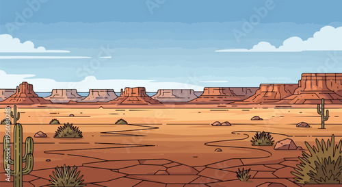 Vast arid landscape featuring distinctive mesa formations under a tranquil sky, minimalist desert scenery