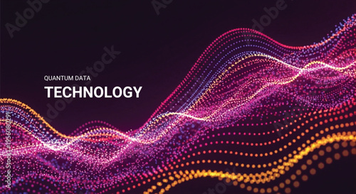 Abstract quantum data technology vector background with glowing purple, pink, and orange digital particle waves for modern science, AI, and big data visualization concepts