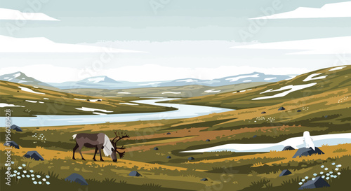 Serene northern landscape illustration featuring a reindeer grazing near a winding river, green and snow-dusted hills, under a big wide sky