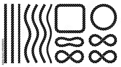 Various rope knots and loops, including figure‑eight, square loop, intertwined designs, sailing, climbing, crafting, functional decorative illustration.