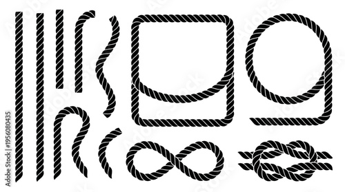 Various rope knots and loops, including figure‑eight, square loop, intertwined designs, sailing, climbing, crafting, functional decorative illustration.