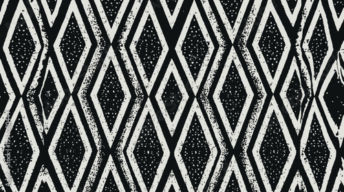 Interlocking diamond shapes in bold contrast, textured black interiors, repeating geometric symmetry, dynamic rhythm, modern abstract textile pattern design.