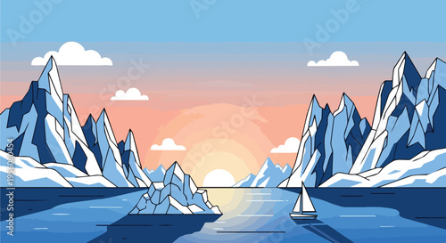 Vibrant flat design illustration of a tranquil arctic seascape at sunset, featuring majestic icebergs and a lone sailboat navigating calm,