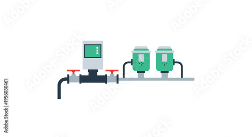 Industrial fluid management system with digital flow meter, valve, and twin pumps in a flat design illustration