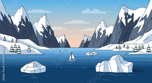 Serene stylized arctic panorama showcasing majestic snow-capped peaks, glistening icebergs, and a solitary sailboat traversing the tranquil blue