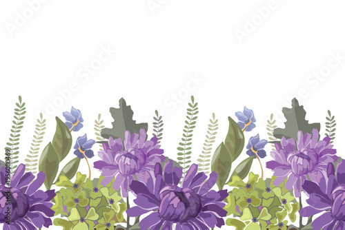 Vector floral seamless pattern, border with purple chrysanthemums