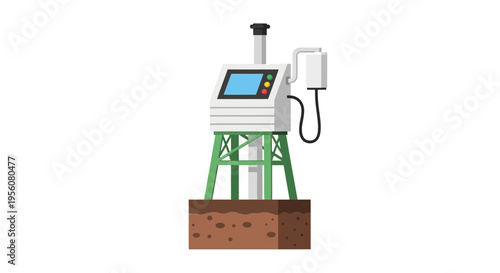 Weather Monitoring Station with Digital Display Mounted on a Green Metal Frame over Soil