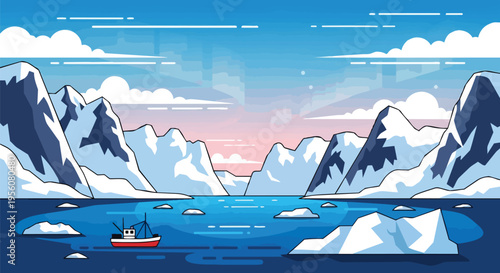 A stylized polar seascape with a lone boat cruising through an icy expanse surrounded by towering snow-capped peaks and scattered ice floes under a