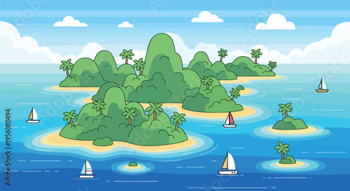 Vibrant tropical island archipelago with sailboats sailing across calm azure waters under a clear blue sky