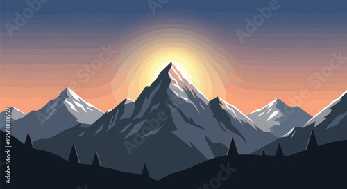 A stunning stylized mountain landscape featuring majestic peaks dusted with snow under the dramatic ascent or descent of a radiant sun creating a