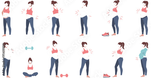 Women Body Pain and Injury Illustration Set with Female Characters Showing Back Knee Neck and Muscle Discomfort Health Problems Vector Collection