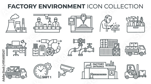 A comprehensive collection of line art icons depicting various elements and activities within a factory and industrial environment, including machinery, workers, logistics, and infrastructure.