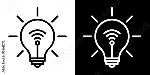 Smart light icon in outline style showing bulb with signal waves, representing smart lighting, automation, wireless control, energy saving and IoT technology.