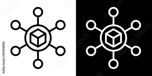 Logistics network icon featuring connected nodes around package representing supply chain, distribution system, shipping network and global logistics.