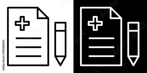 Medical prescription icon featuring document with cross and pencil representing doctor orders, healthcare treatment and pharmacy records.