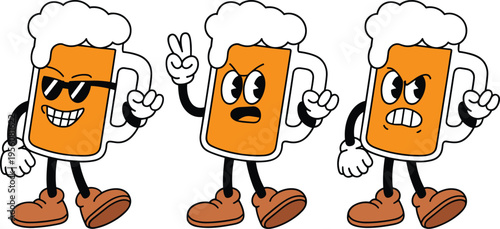 Retro vintage cartoon beer mug character collection featuring cool angry and aggressive expressions for brewery and pub branding.