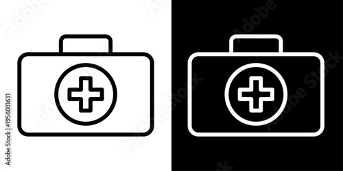 Medicine box icon in outline style showing medical kit with cross symbol, representing first aid, emergency care, healthcare services and medical support.