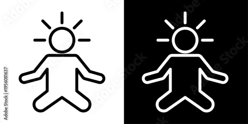 Meditation icon in outline style showing human figure with glowing mind, representing mindfulness, relaxation, inner peace, yoga practice and mental wellness.