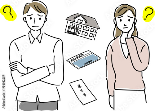 遺産相続について悩む男女手描きシンプル線画