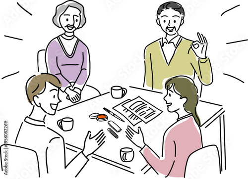 相続などの問題が解決して笑顔の家族のシンプル線画