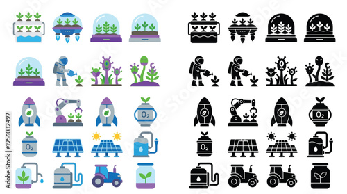 Collection of futuristic farming and space exploration icons, showcasing advanced agriculture, astronaut activities, and technological innovations.