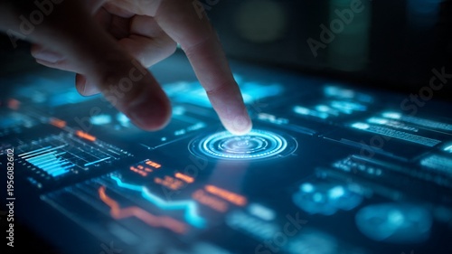 Hand interacting with futuristic digital interface on touchscreen