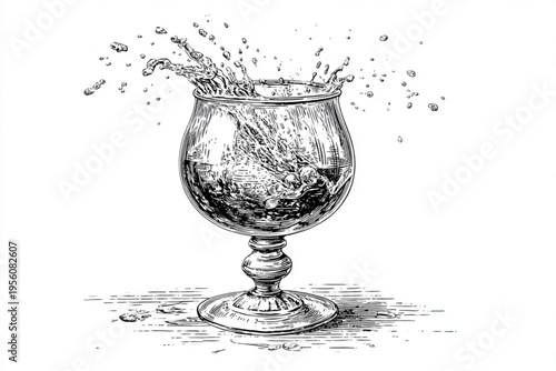 Black and White Vintage Engraving of Cocktail Glass with Liquid Splash Vector